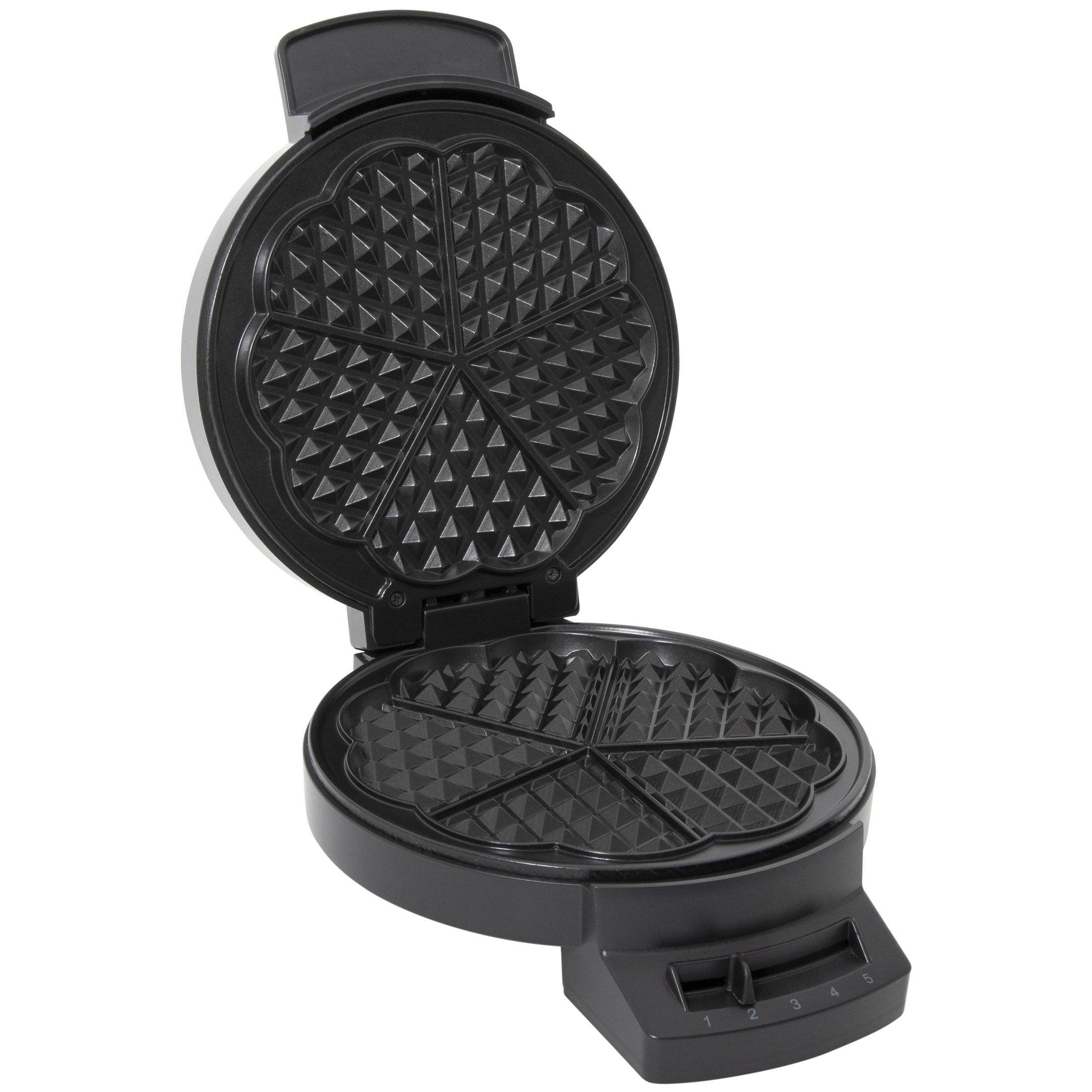 An open black heart-shaped waffle maker with cooking plates and a temperature dial.