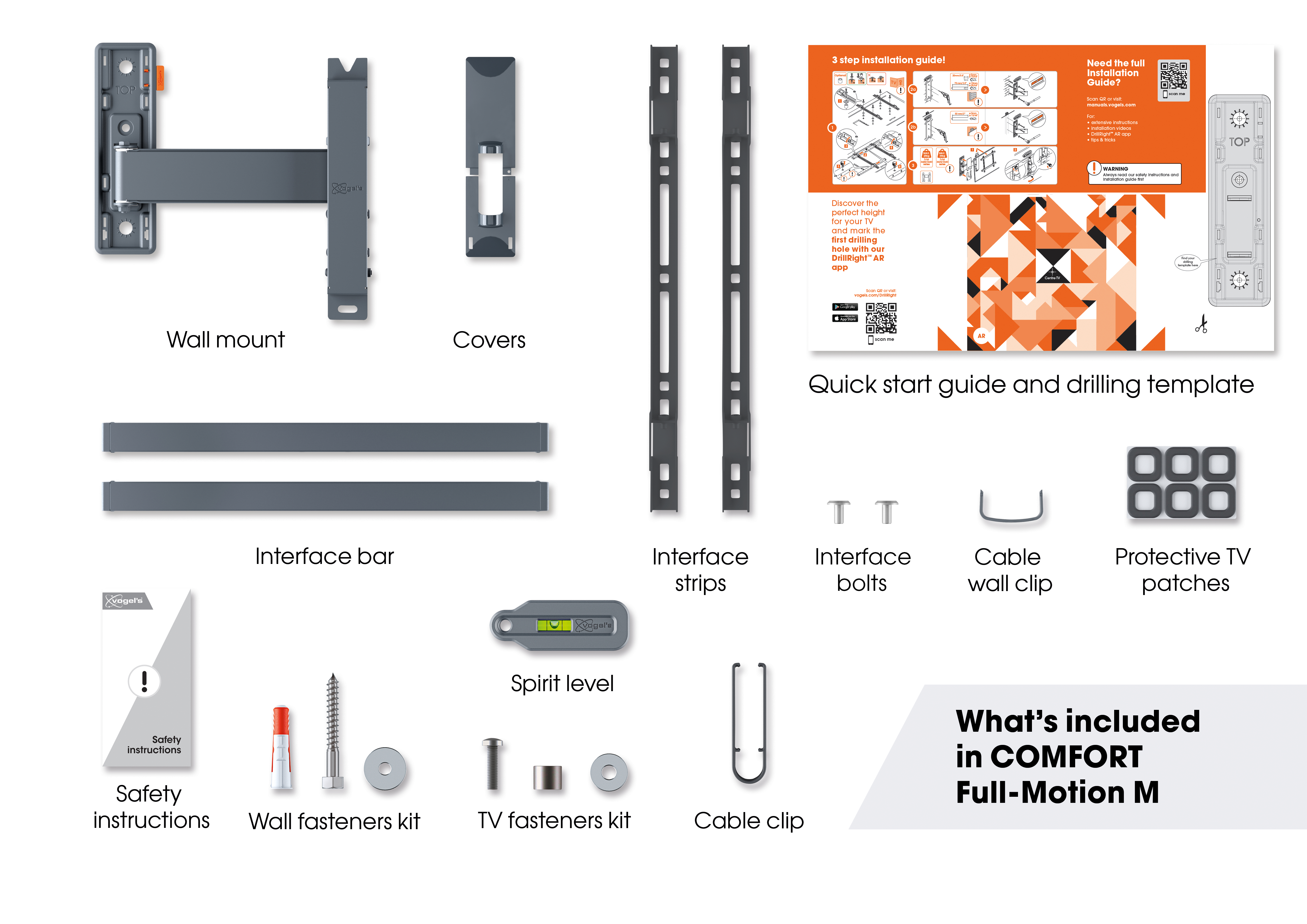 Uchwyt ścienny, listwa interfejsu, paski, śruby, klipsy, łaty, instrukcja.
