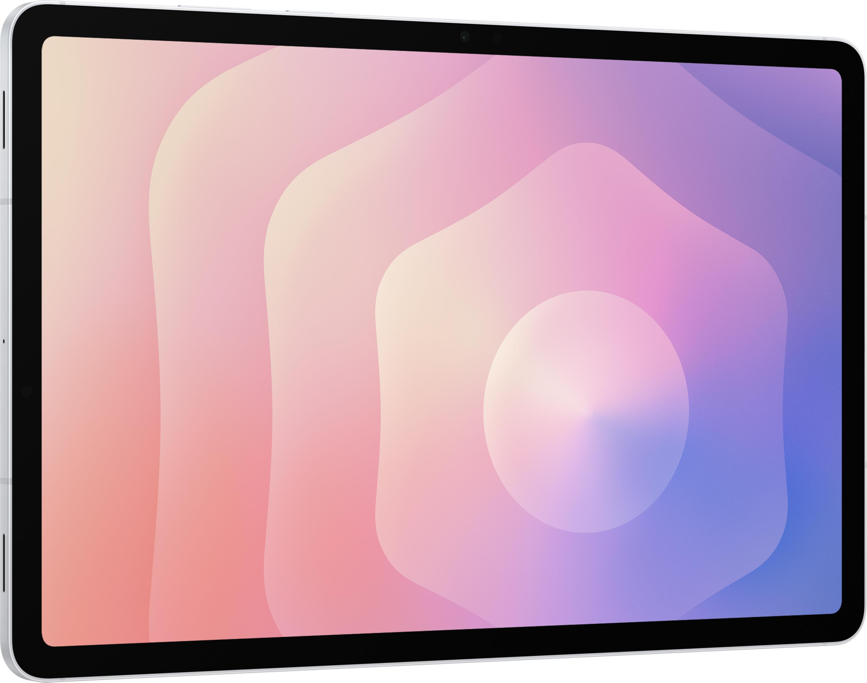 Srebrny tablet z abstrakcyjnym pastelowym tłem.