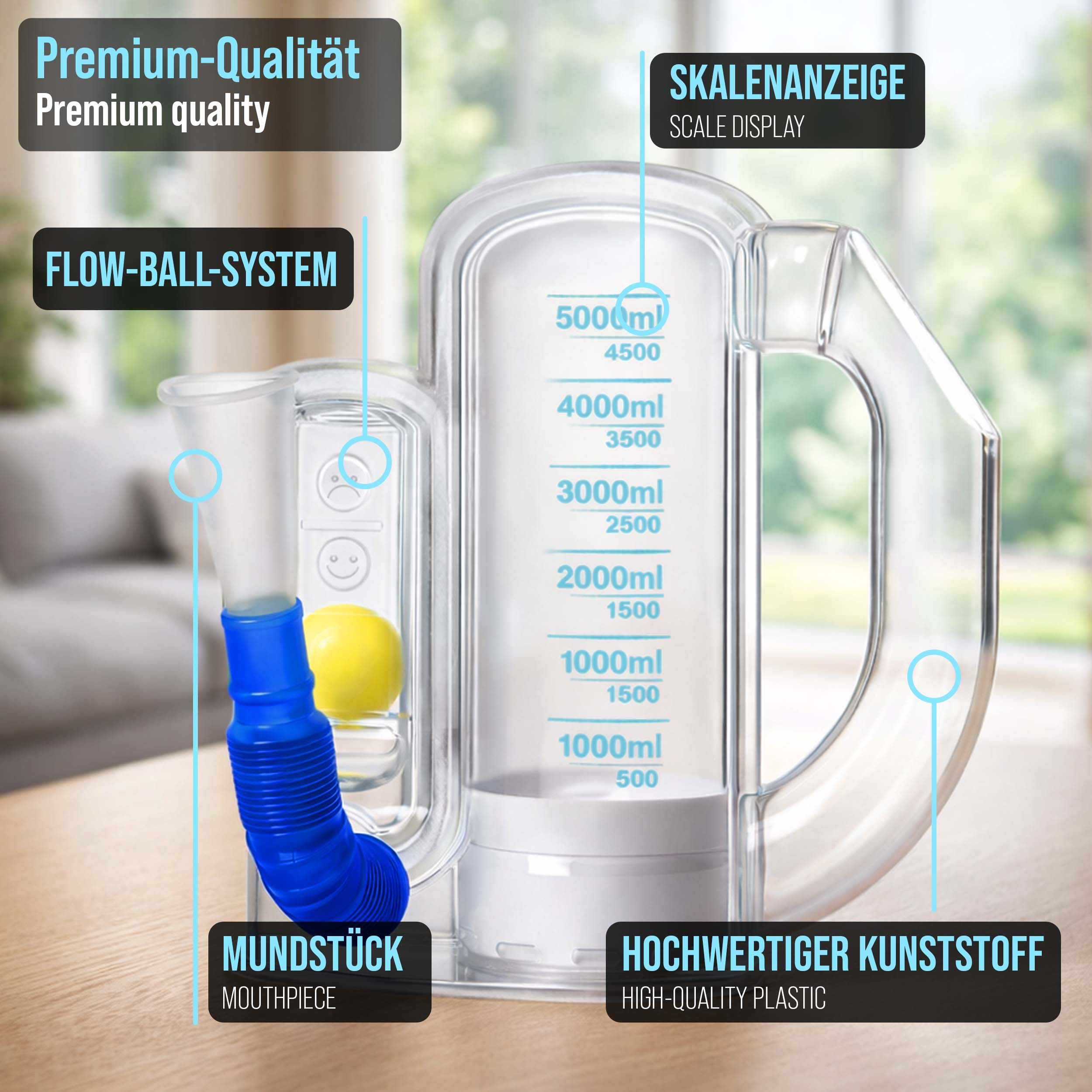 Ein Lungenfunktions-Spirometer mit Messskala und Mundstück.