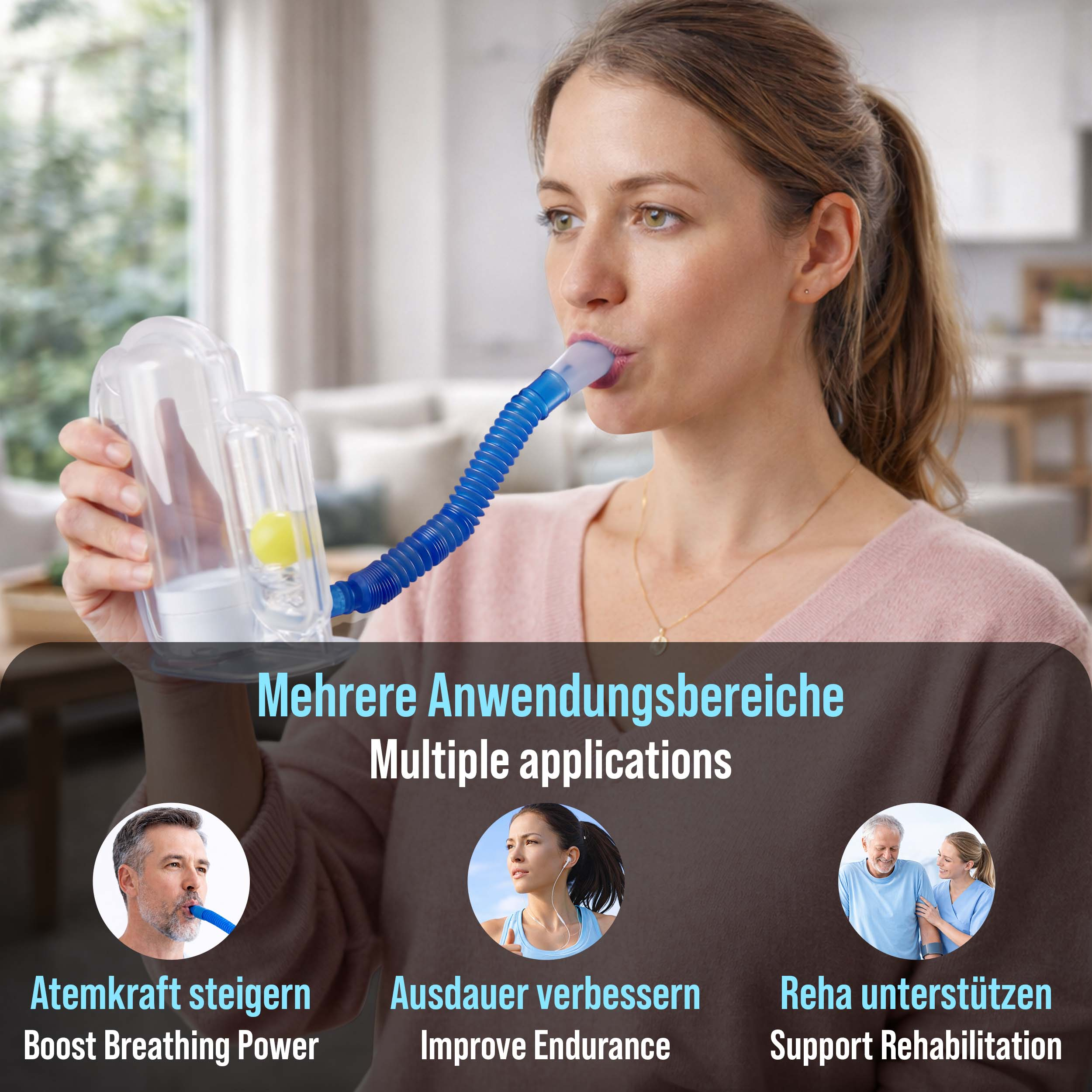 Frau benutzt Atemtrainer; Mann trainiert Lungenkraft; Läuferin verbessert Ausdauer; Paar bei Reha.