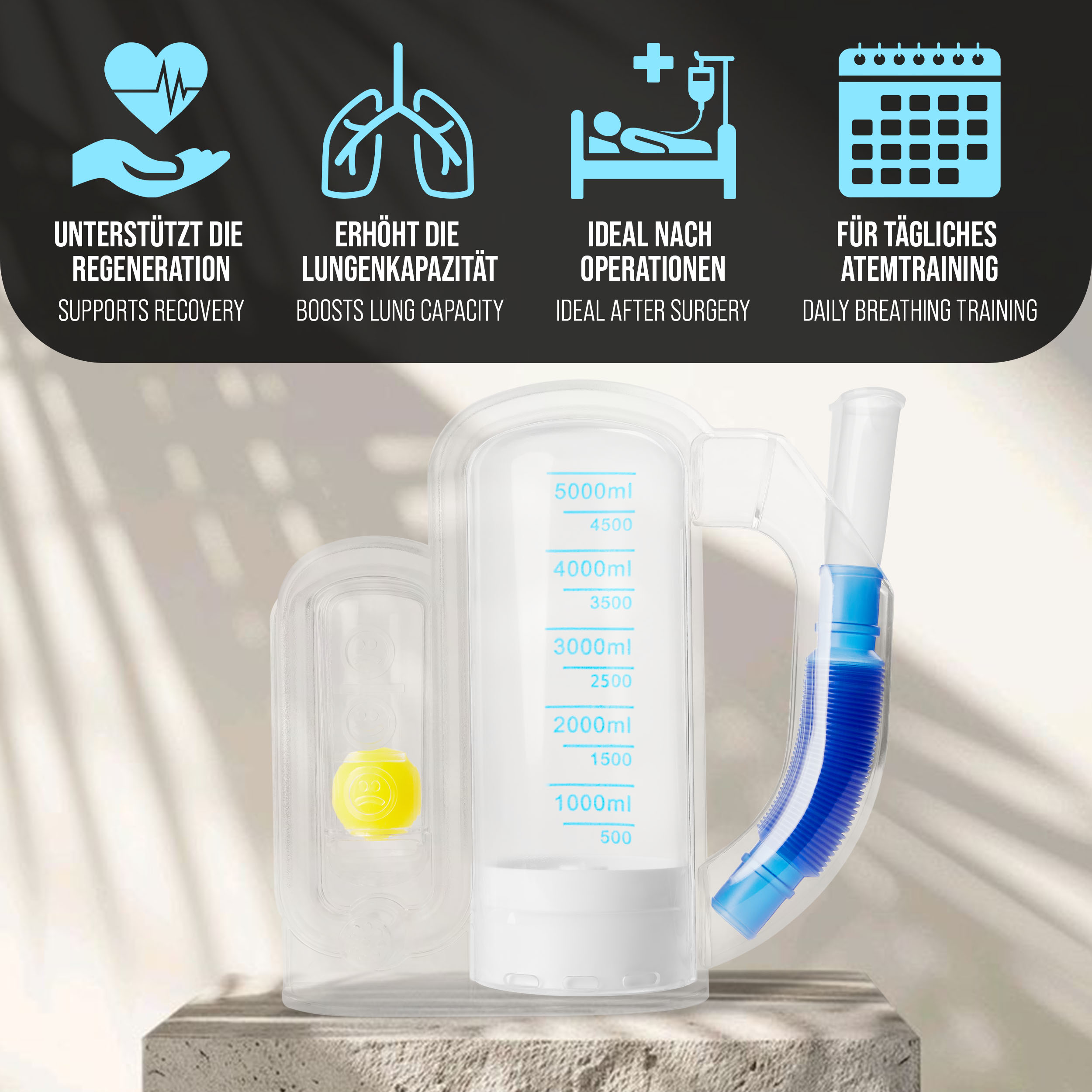 Ein Lungen-Spirometer mit Messskala und blauem Schlauch auf Steinsockel.