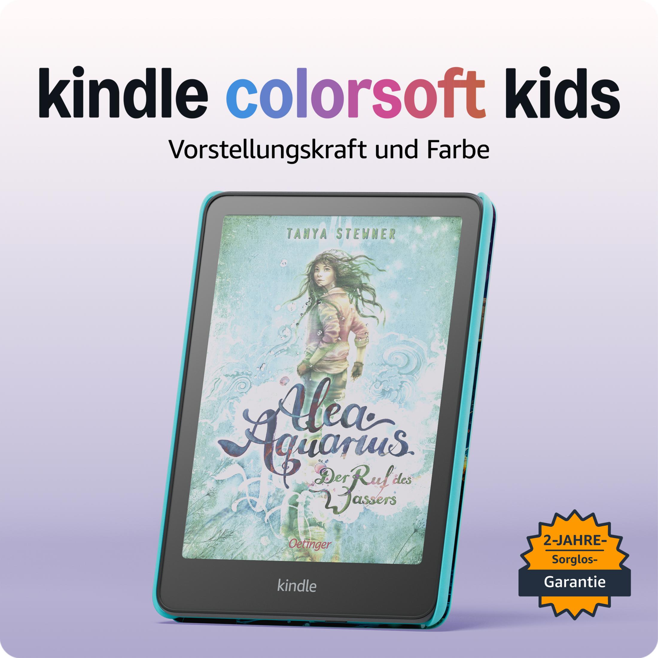 Un tablet Kindle con bordo turchese mostra la copertina di Alea Aquarius.