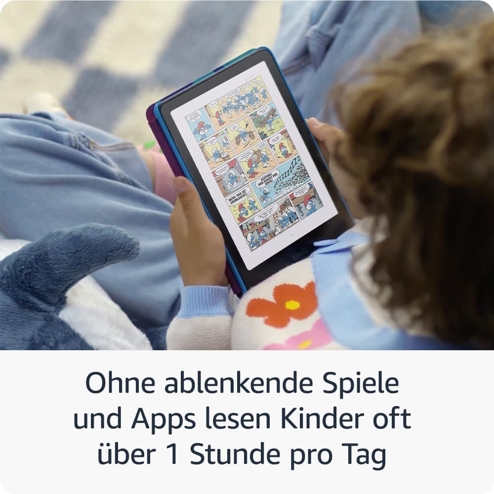 Un bambino legge un fumetto dei Puffi su un e-reader.