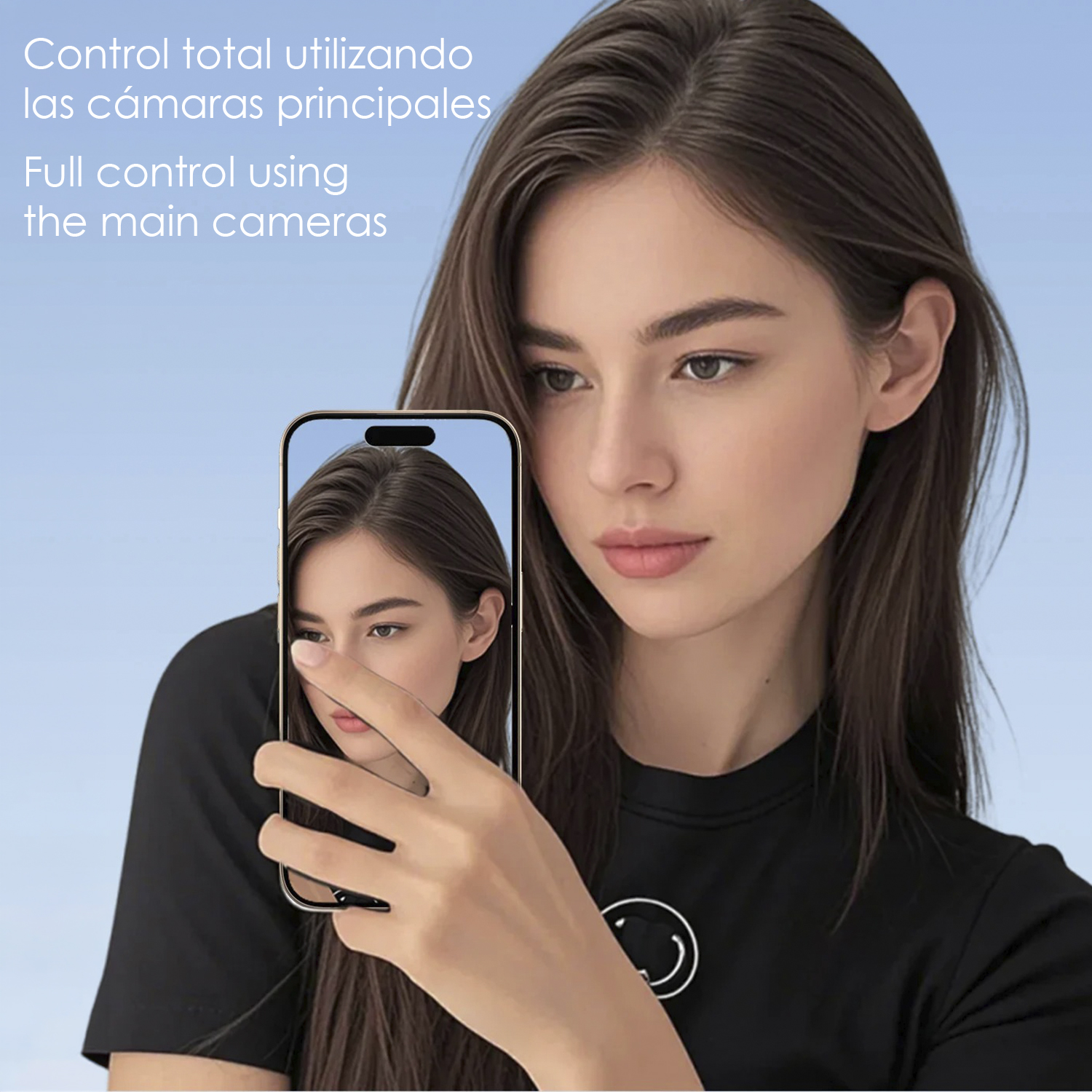 Una donna tiene uno smartphone davanti a sé, che mostra il suo viso.