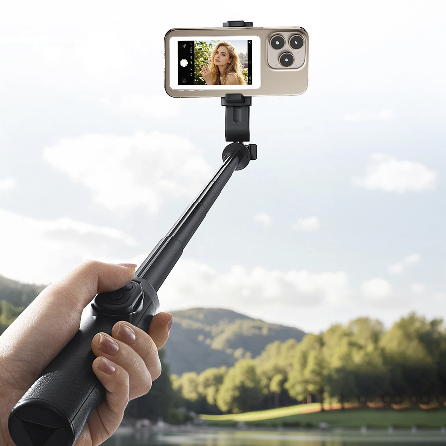 Una mano tiene un selfie stick con un telefono che mostra una donna. Paesaggio sullo sfondo.