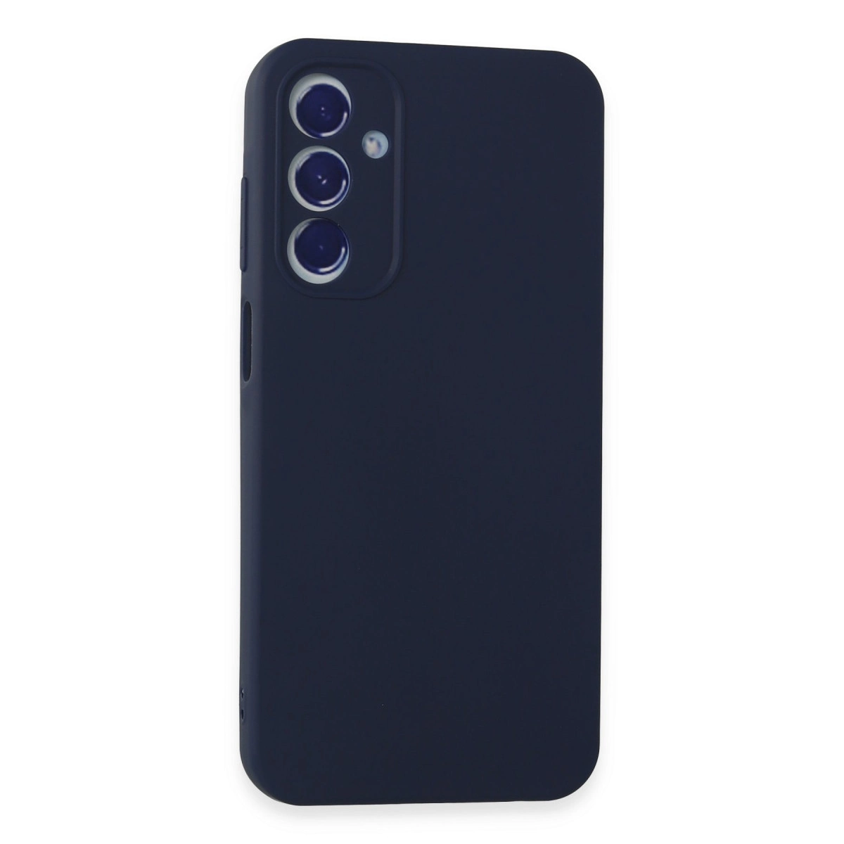 Üç kamera lensi ve flaşlı lacivert telefon kılıfı.