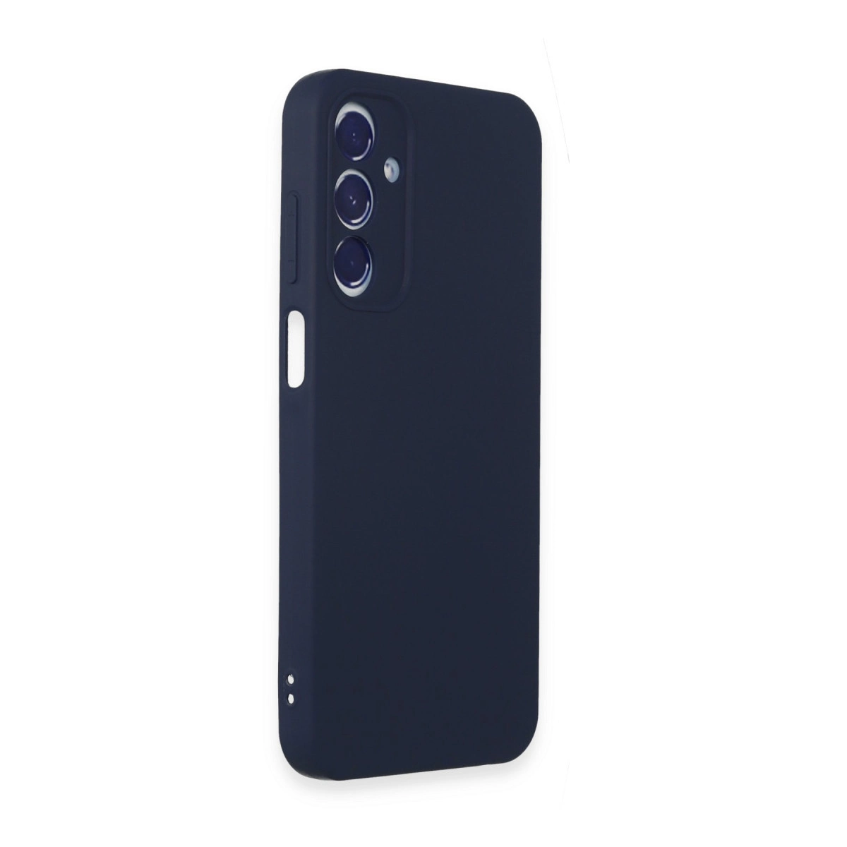 Üç kamera lensli ve düğmeli lacivert telefon kılıfı.