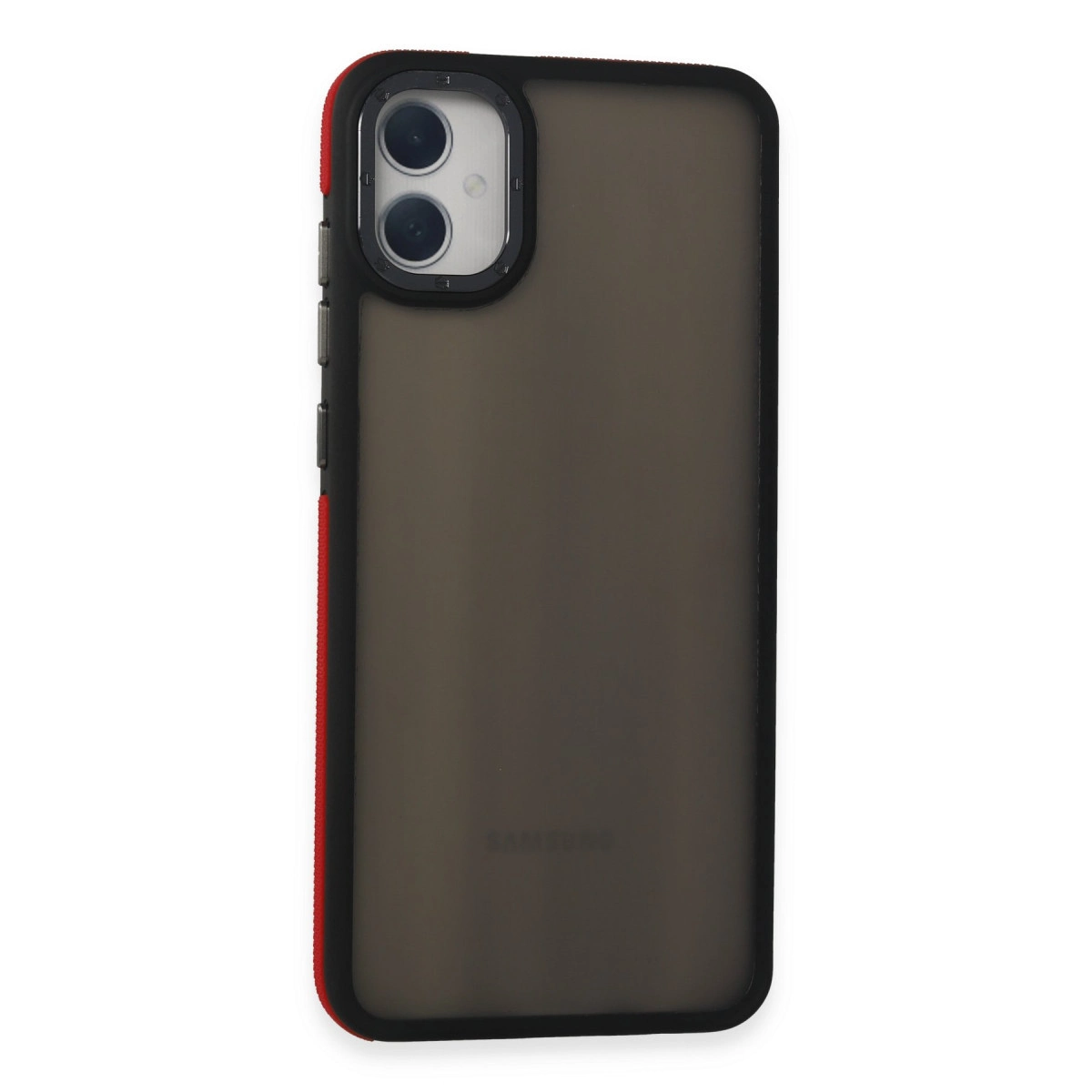 Koyu gri telefon kılıfı, kırmızı kenarlı ve çift kamera kesimli.