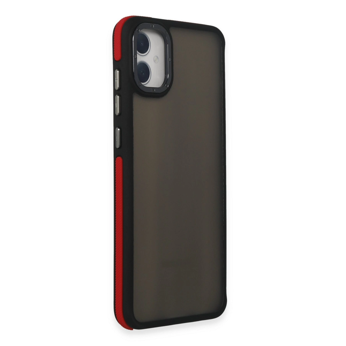 Koyu gri telefon kılıfı, kırmızı vurgular ve görünür kameralar.