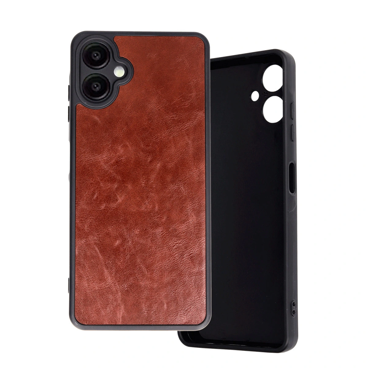 Kahverengi deri telefon kılıfı ve beyaz arka planda siyah iç kısım.