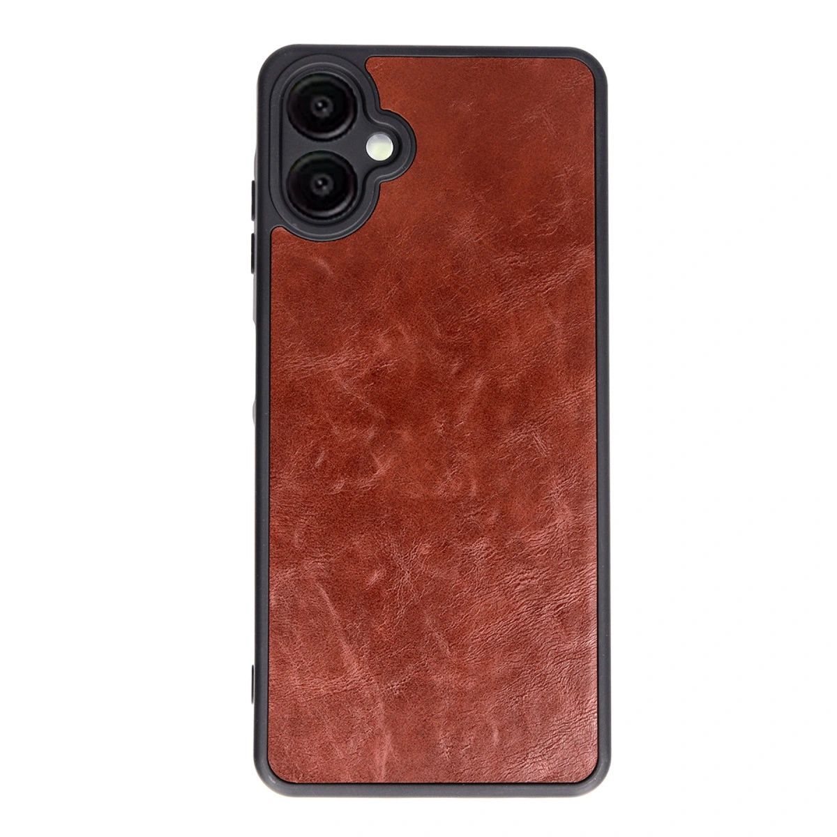 Sol üstte iki kamera lensli kahverengi telefon kılıfı.