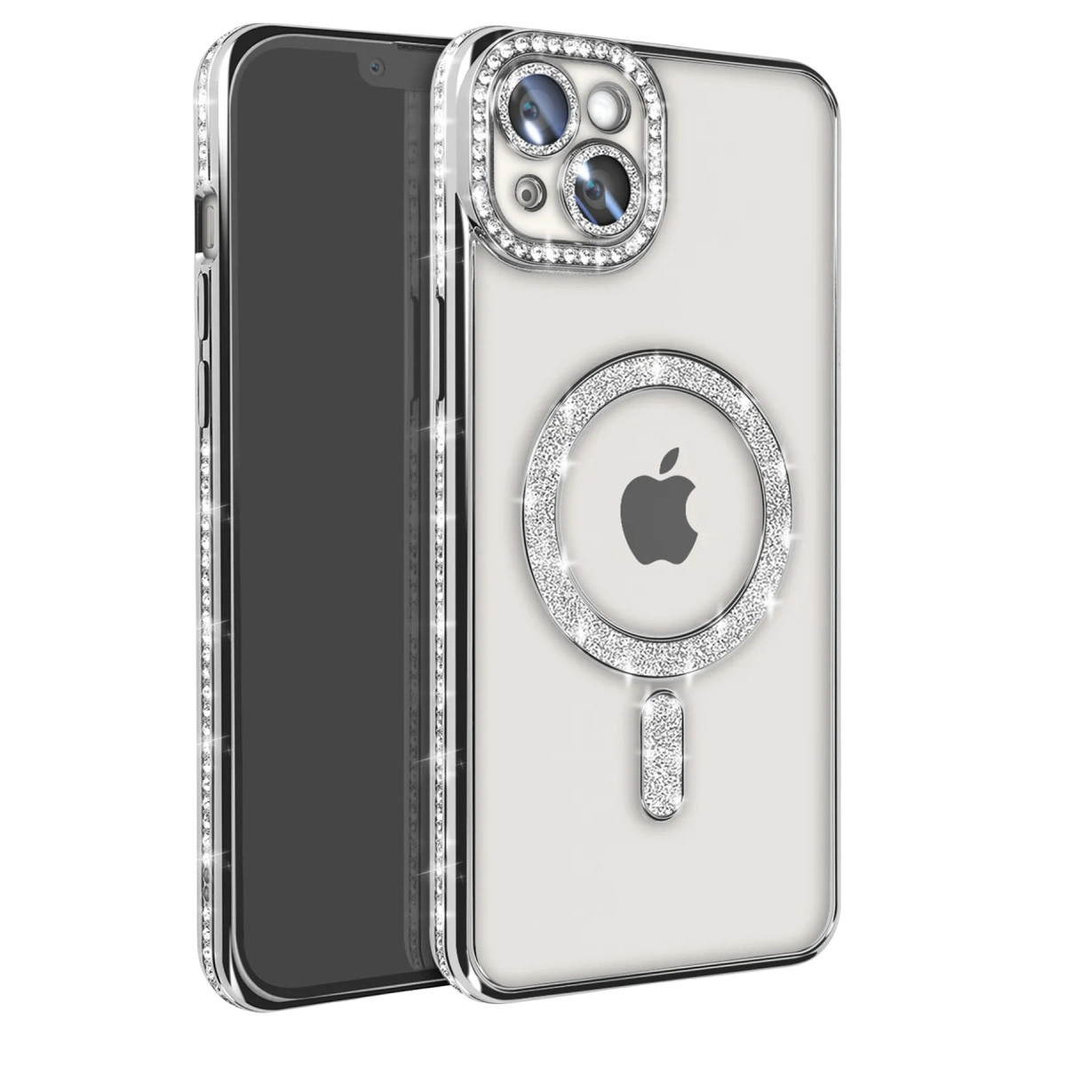 NEWFACE iPhone 14 Uyumlu Joke Simli Magneticsafe Telefon Kılıfı Gümüş