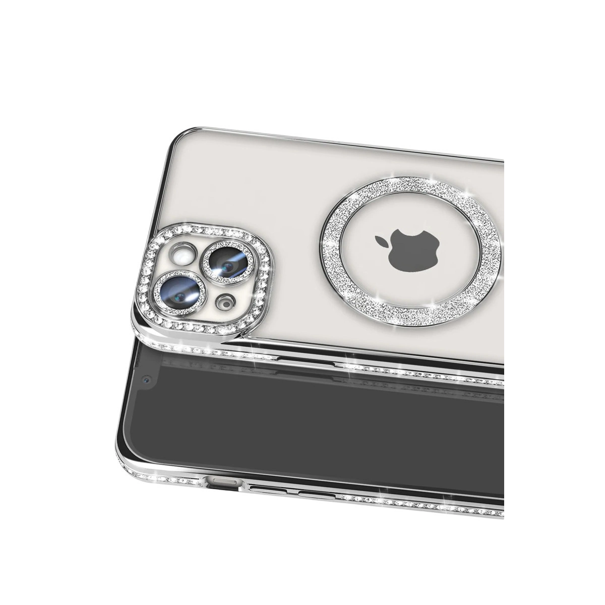 Kamera ve Apple logosu çevresinde simlerle süslenmiş şeffaf telefon kılıfı.