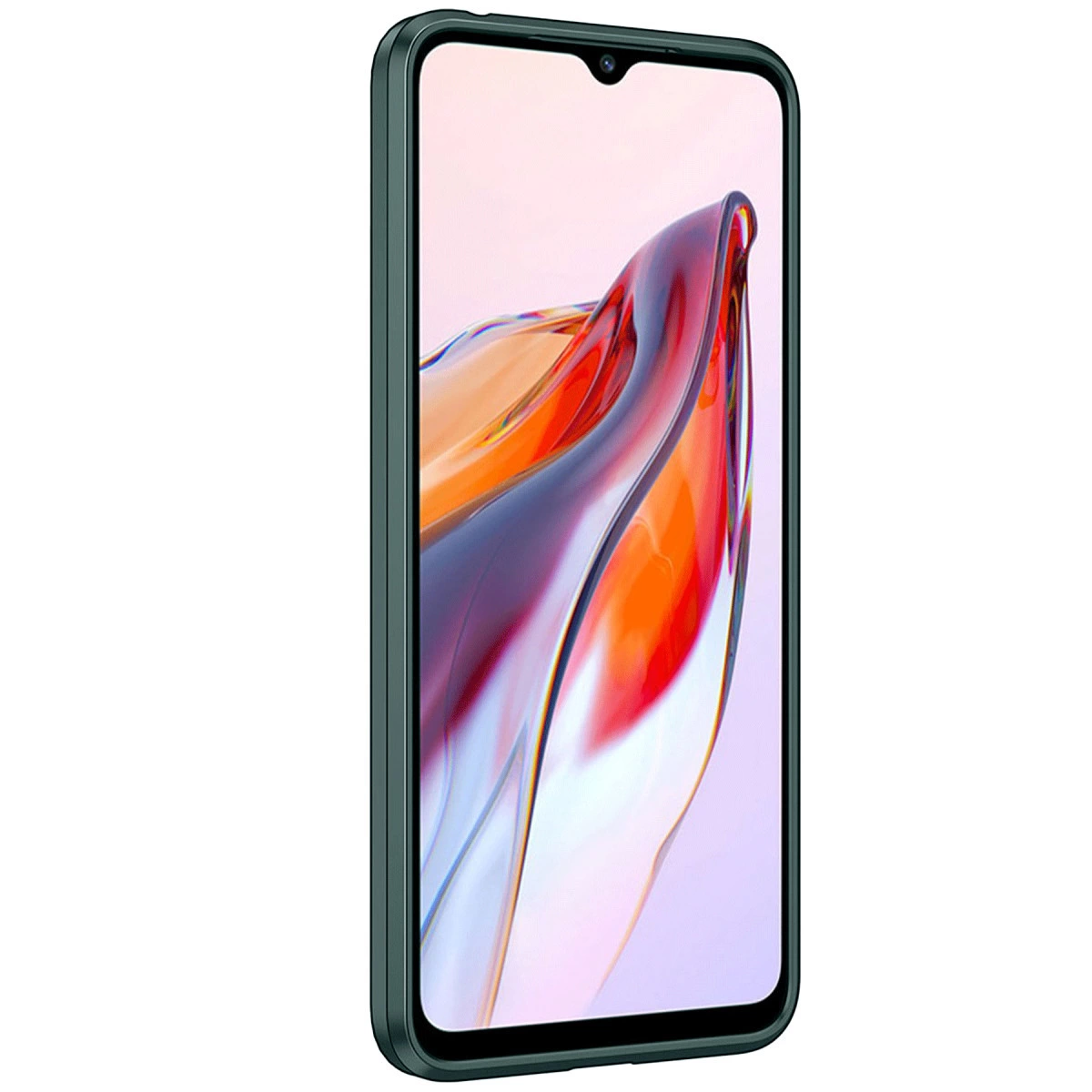 Ekranında damla şeklinde çentik bulunan koyu yeşil bir akıllı telefon.