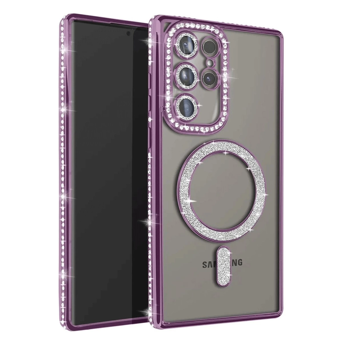 Pırıltılı taşlı ve halka tutuculu mor telefon kılıfı.