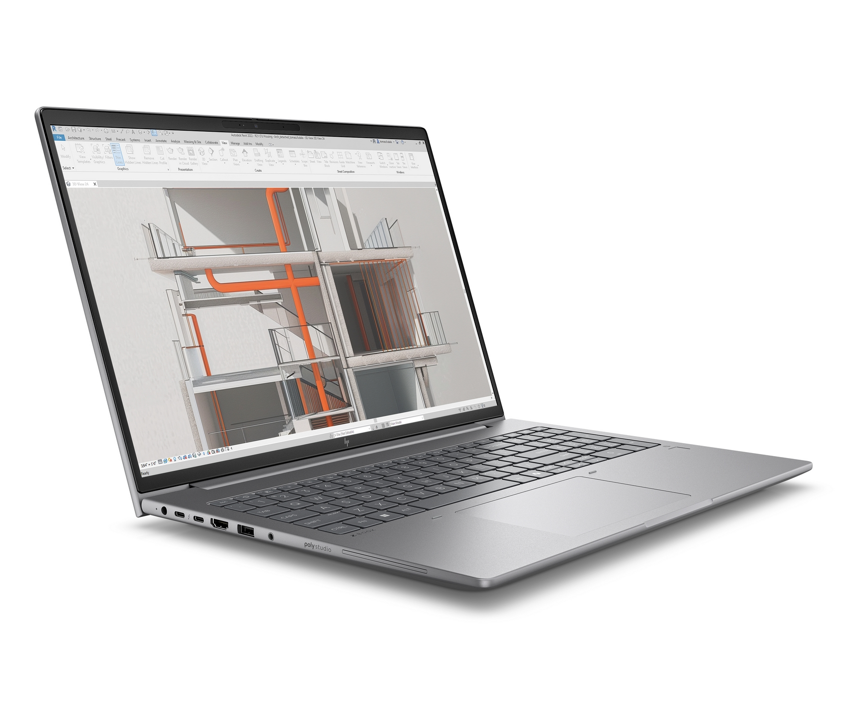 Un laptop argentato che visualizza una vista architettonica 3D sullo schermo.