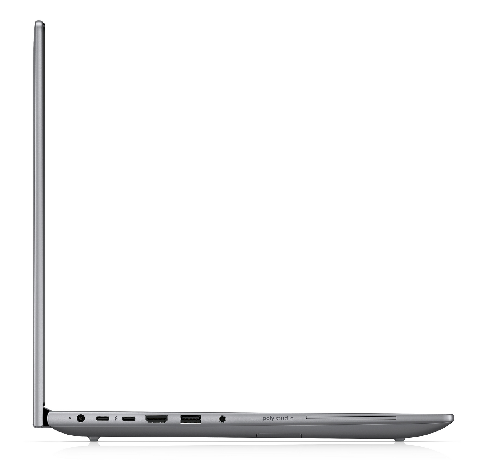 Laptop grigio vista laterale con porte: audio, USB-C, HDMI, USB-A.