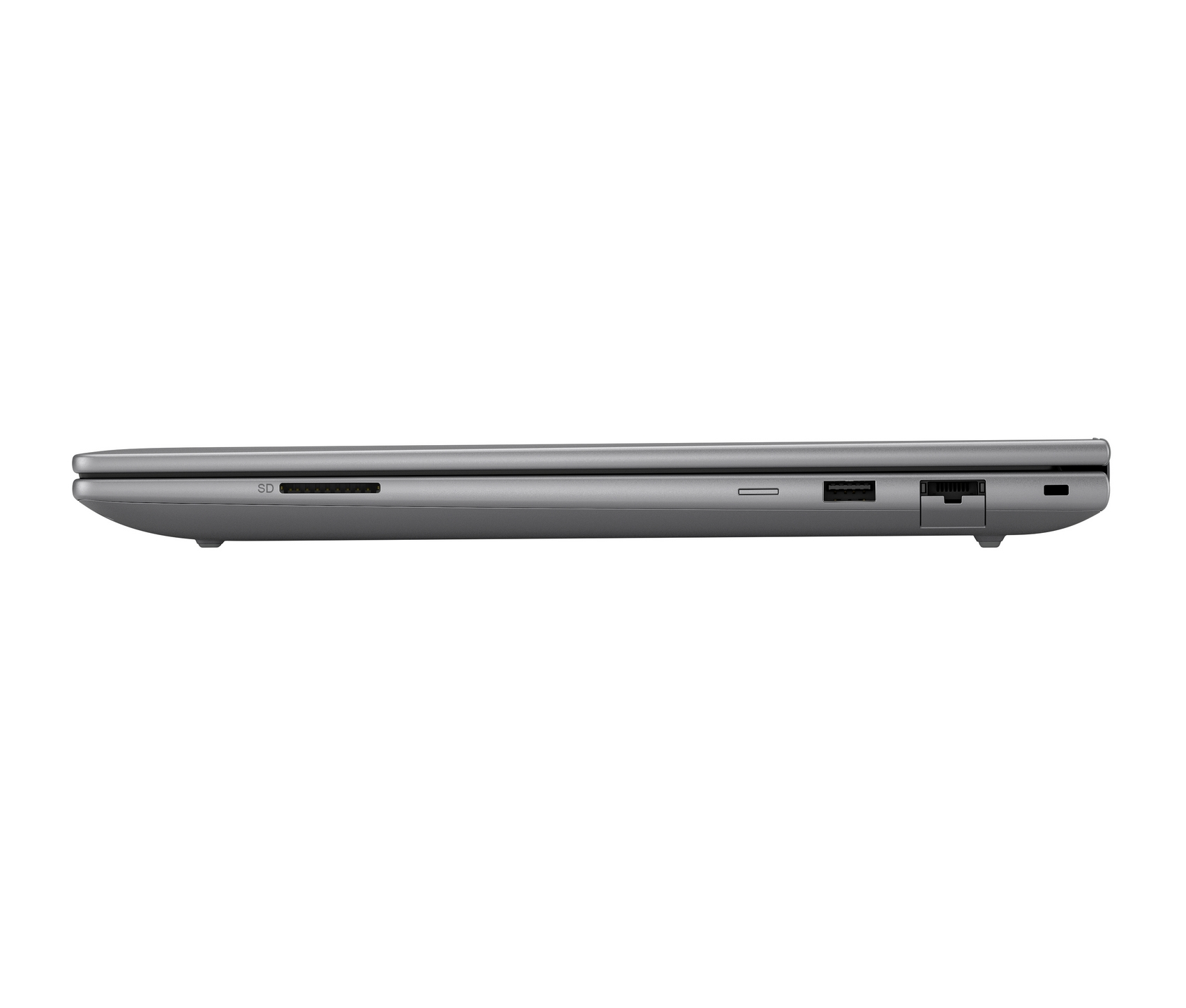 Bordo grigio del laptop con lettore di schede SD, porta USB e Ethernet.