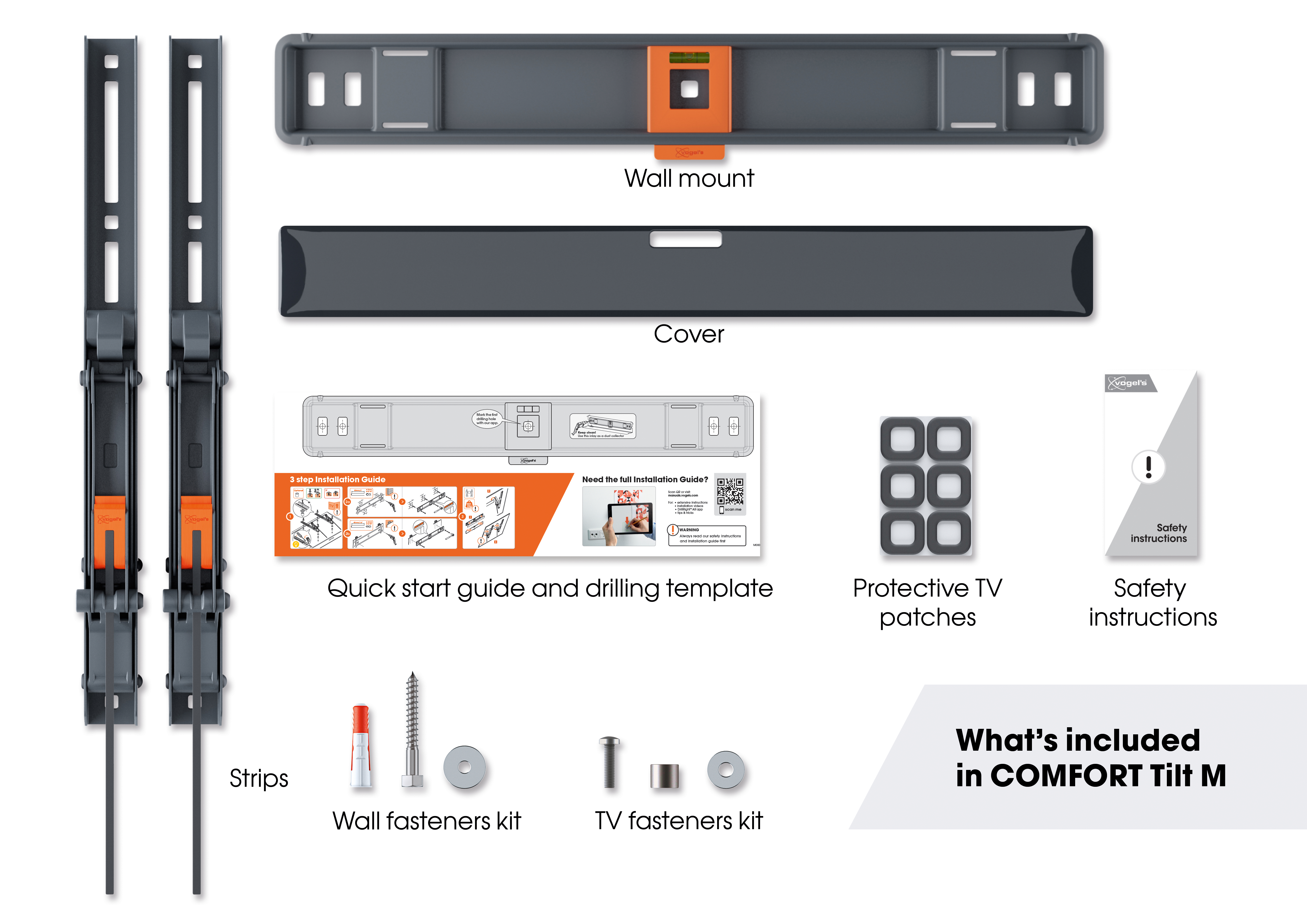 Różne części uchwytu TV: uchwyt ścienny, osłona, paski, elementy mocujące, instrukcje bezpieczeństwa.