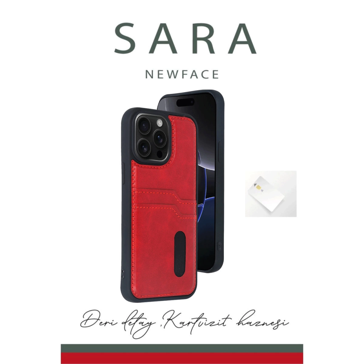 Kart yuvalı kırmızı iPhone kılıfı ve yanında küçük beyaz kartlık bulunmaktadır.