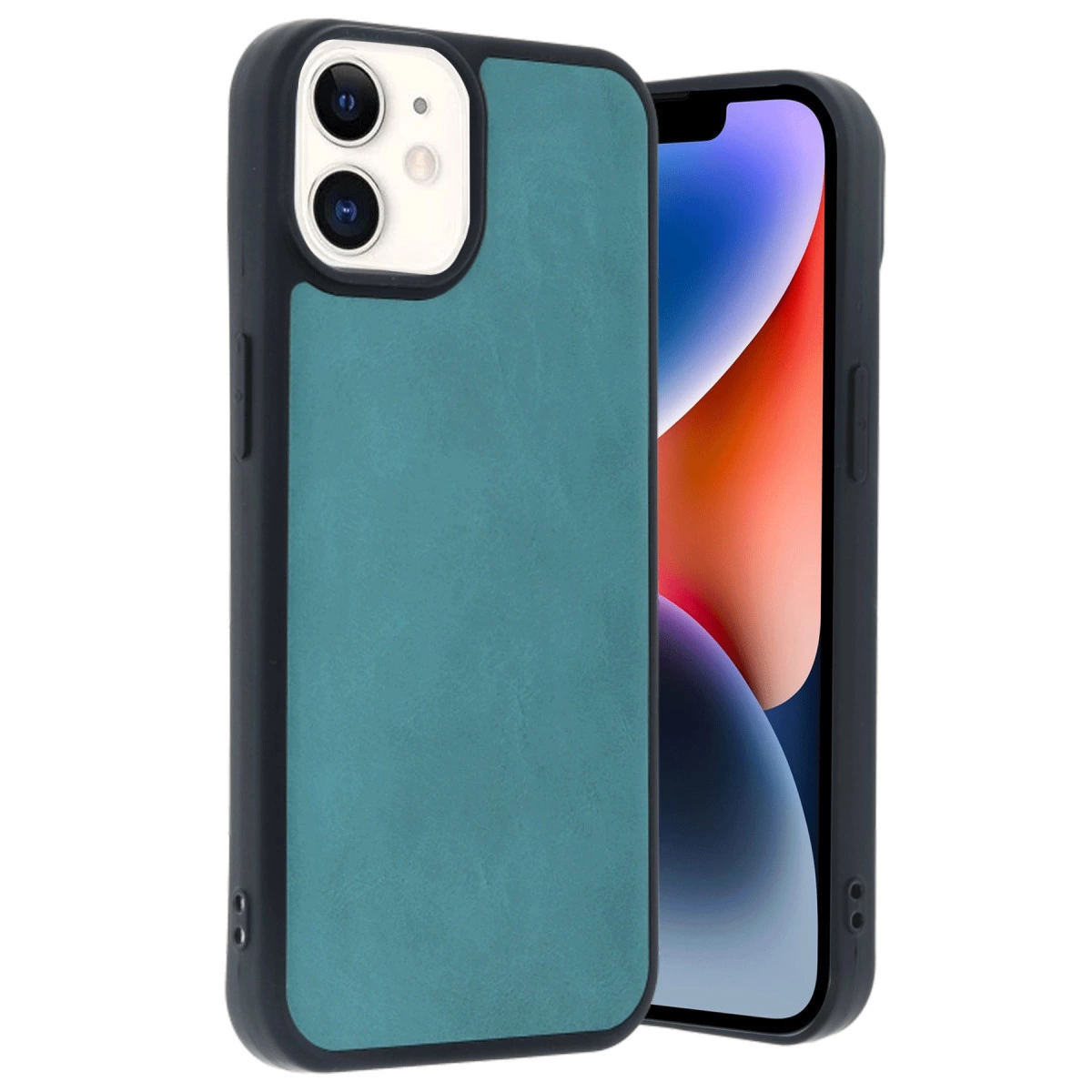 Siyah kenarlı, iPhone kameralı, çivit mavisi telefon kılıfı.