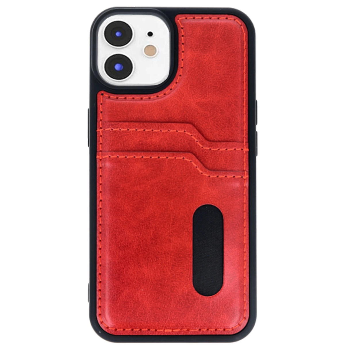 Kart yuvalı ve siyah kenarlıklı kırmızı telefon kılıfı.
