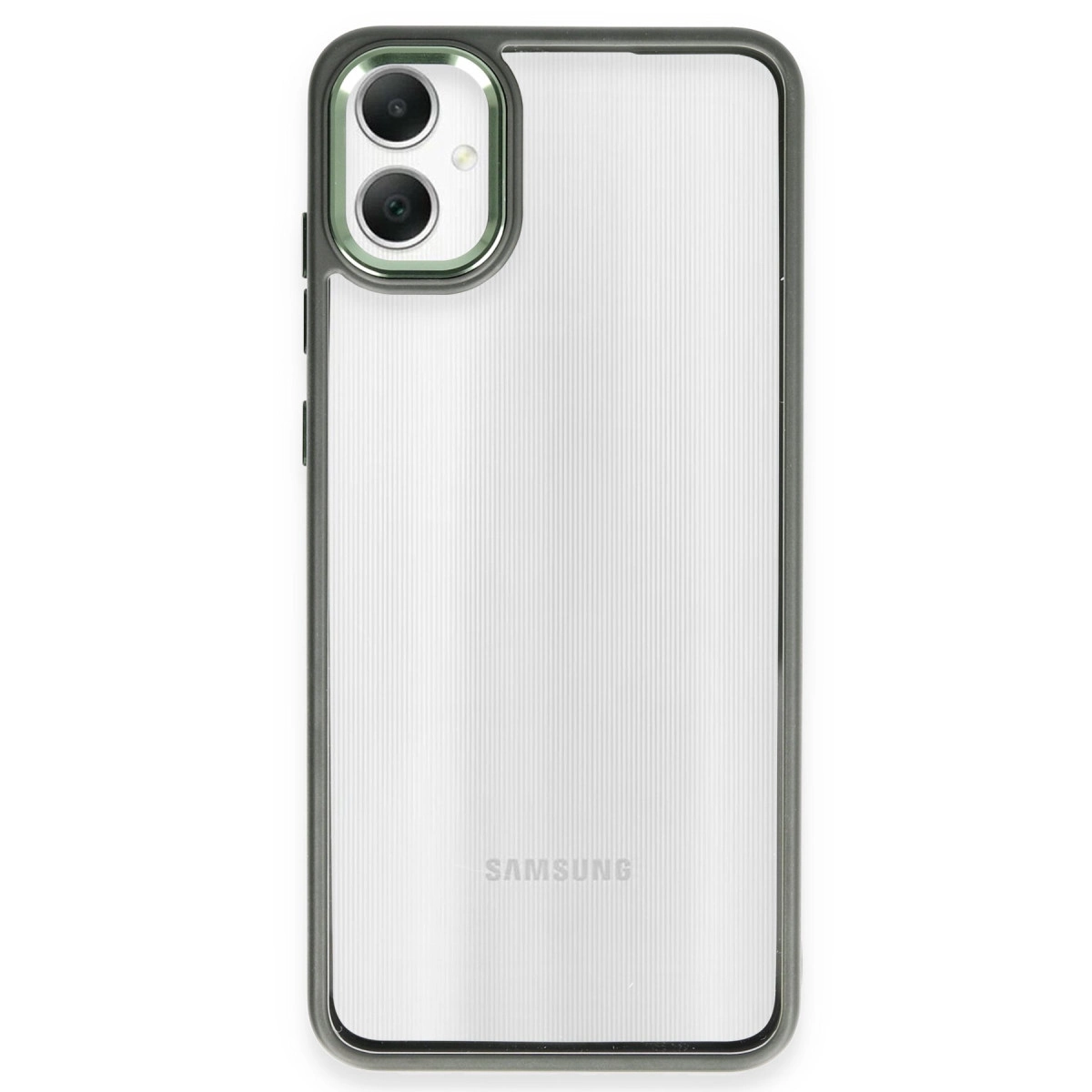 Koyu çerçeveli ve kamera adalı şeffaf telefon kılıfı.