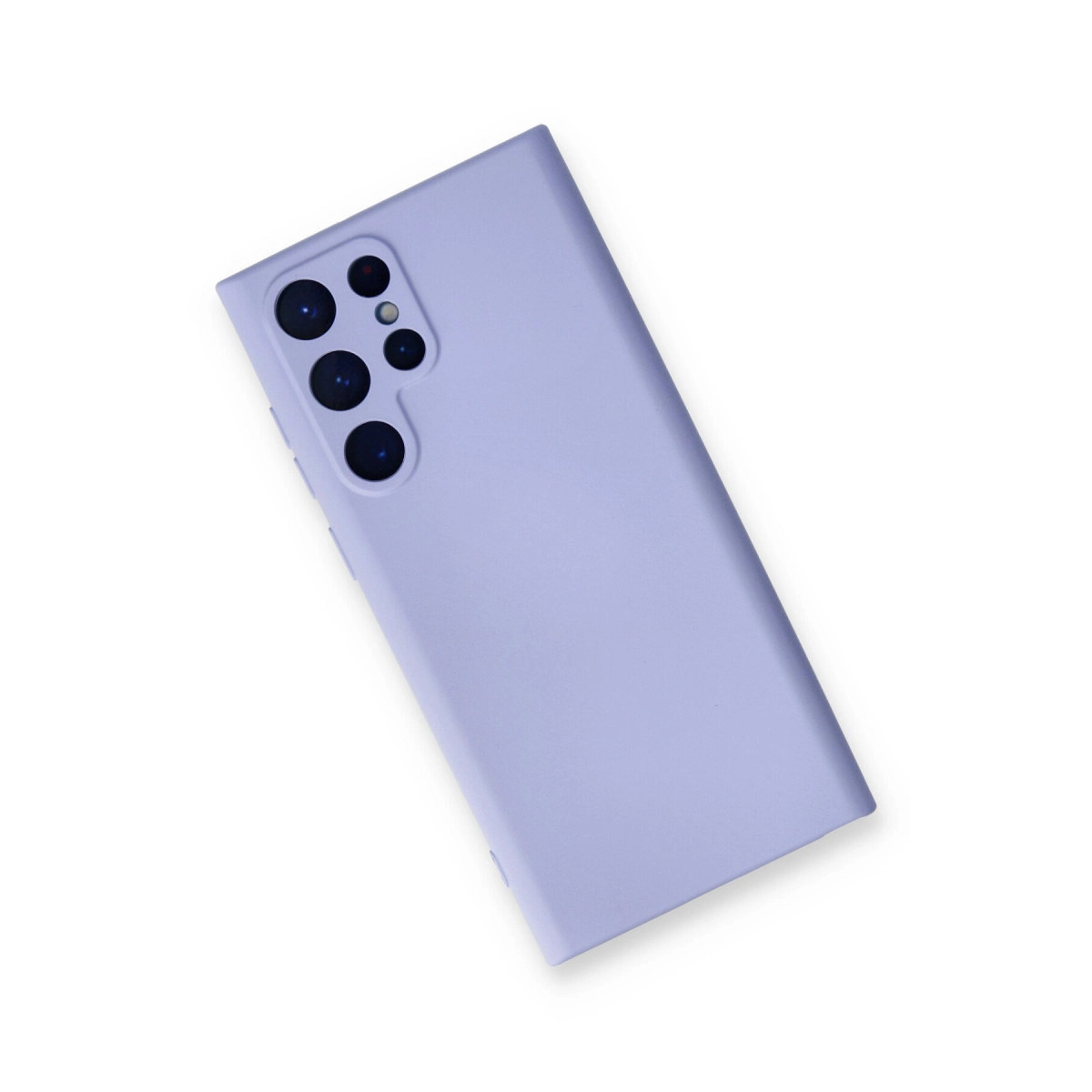 Beyaz arka plan üzerinde kamera lensli açık mor telefon kılıfı.