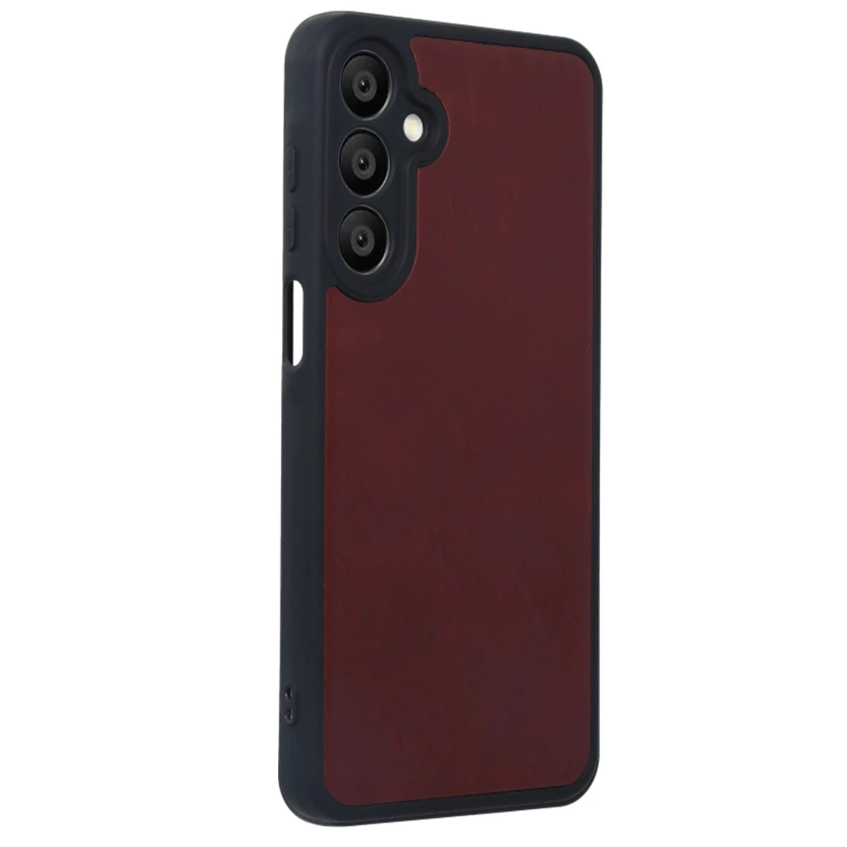 Üç kamera lensli, siyah çerçeveli, koyu kırmızı telefon kılıfı.