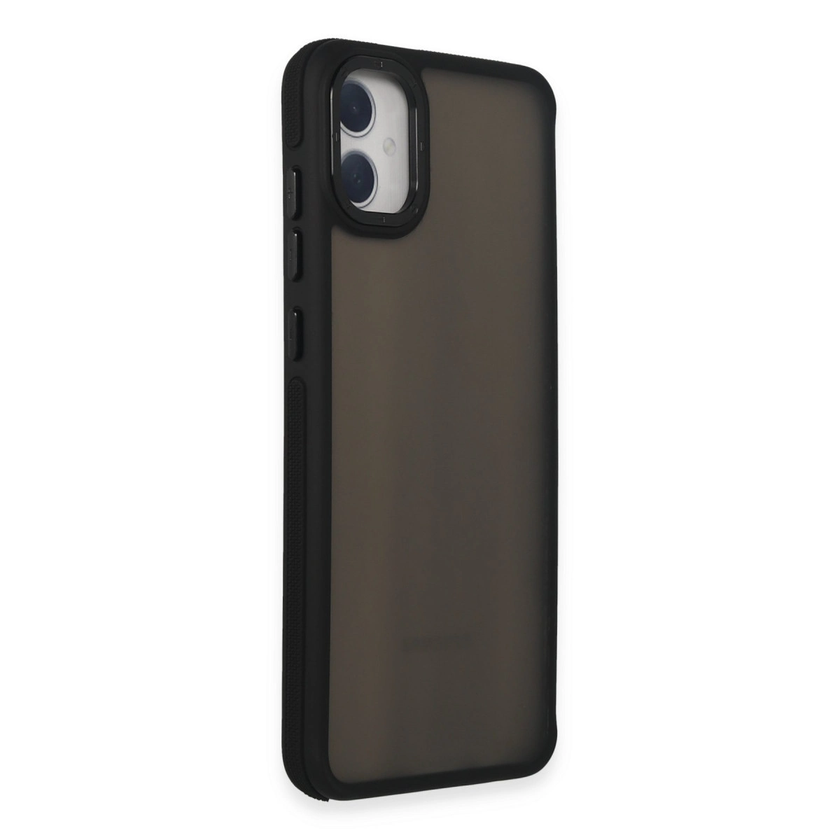 Çift kamera oyuntulu siyah telefon kılıfı, yan görünüm.