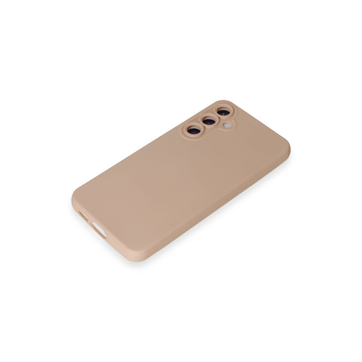 Üç kamera lensi kesikli bej telefon kılıfı beyaz zeminde duruyor.