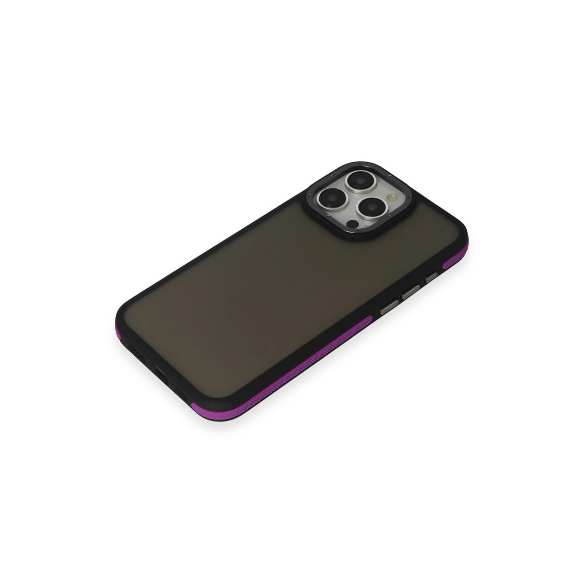 Mor kenarlı koyu gri telefon ve üç kamera.