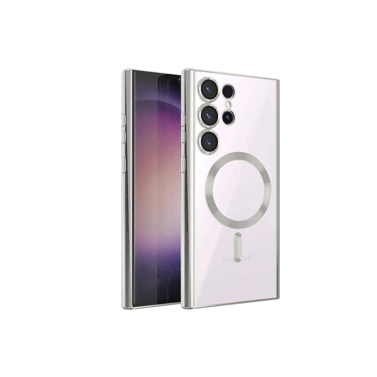 Gümüş halka ve kameralara sahip beyaz Samsung telefon kılıfı beyaz arka plan üzerinde.