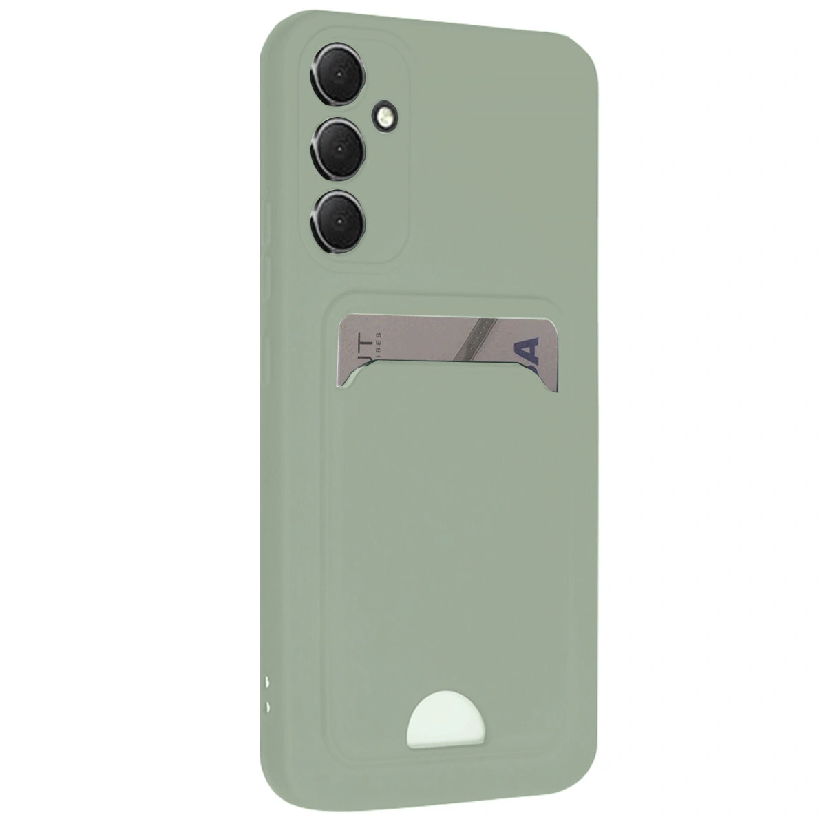 Üç kameralı ve kart yuvalı yeşil telefon kılıfı.