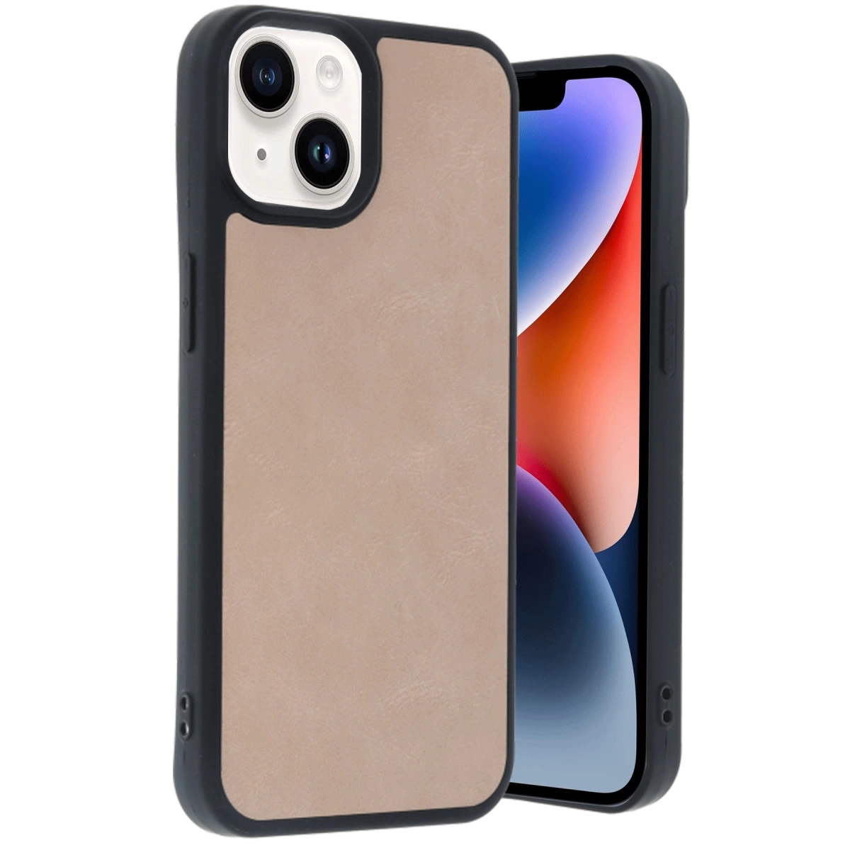 Kahverengi deri kılıflı iPhone ve siyah kenarlık, yakın çekim.