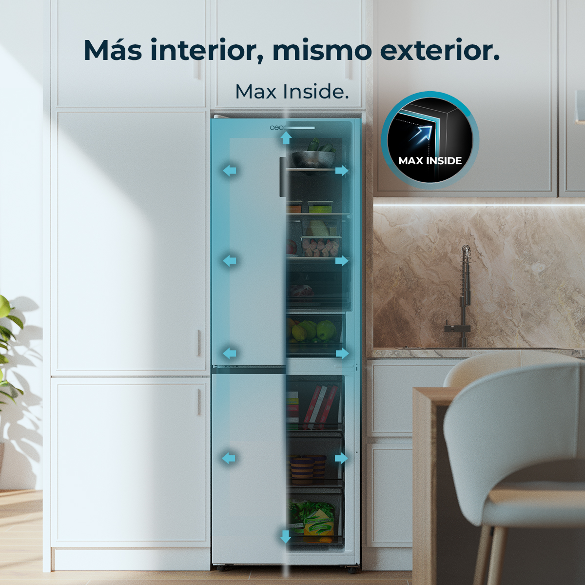 Un refrigerador con diagrama de flujo de aire azul que indica espacio máximo.