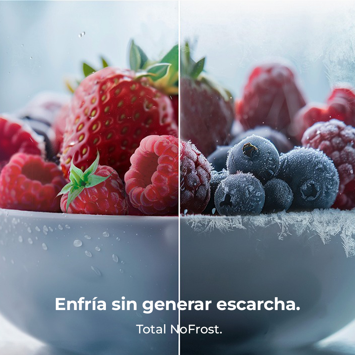 Immagine divisa: Frutti di bosco freschi in ciotola a sinistra, frutti di bosco ghiacciati a destra. Testo 'Total NoFrost.'