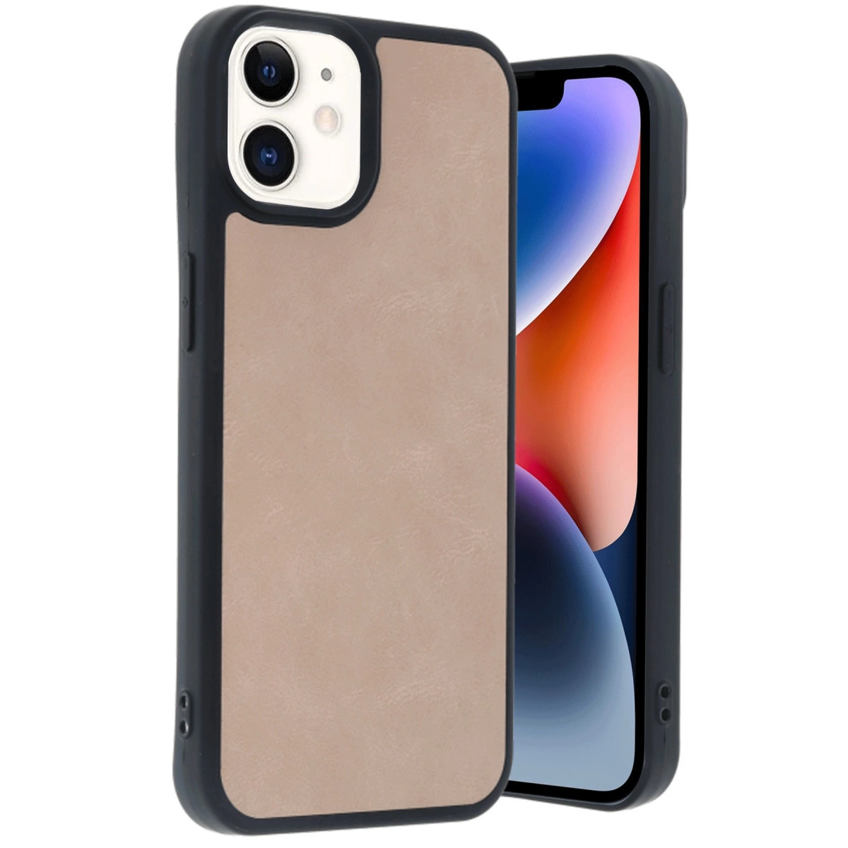 Siyah çerçeveli ve kameralı bej telefon kılıfı. Telefon kısmen görünür.