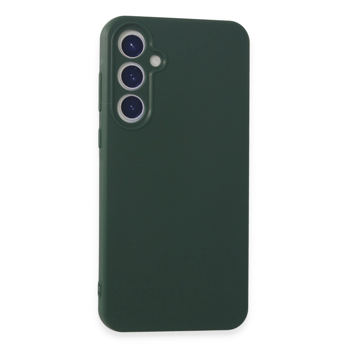 Üç kamera lensli ve flaşlı koyu yeşil telefon kılıfı.