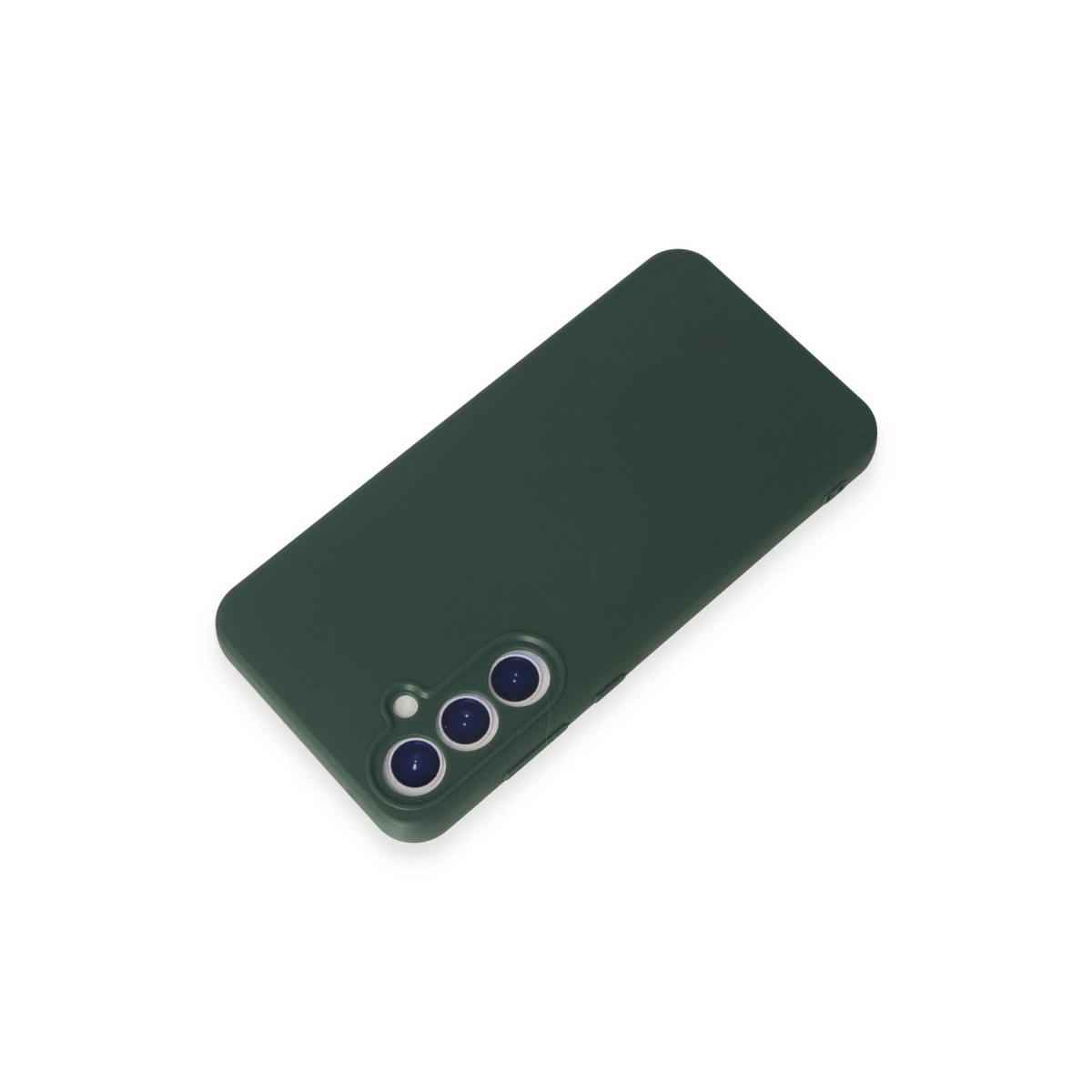 Üç kamera lensi ve flaşlı koyu yeşil telefon kılıfı.