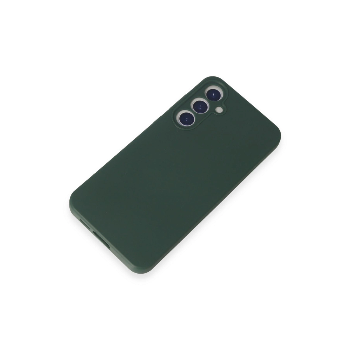 Üç kamera lensli koyu yeşil telefon kılıfı, beyaz arka plan üzerinde.