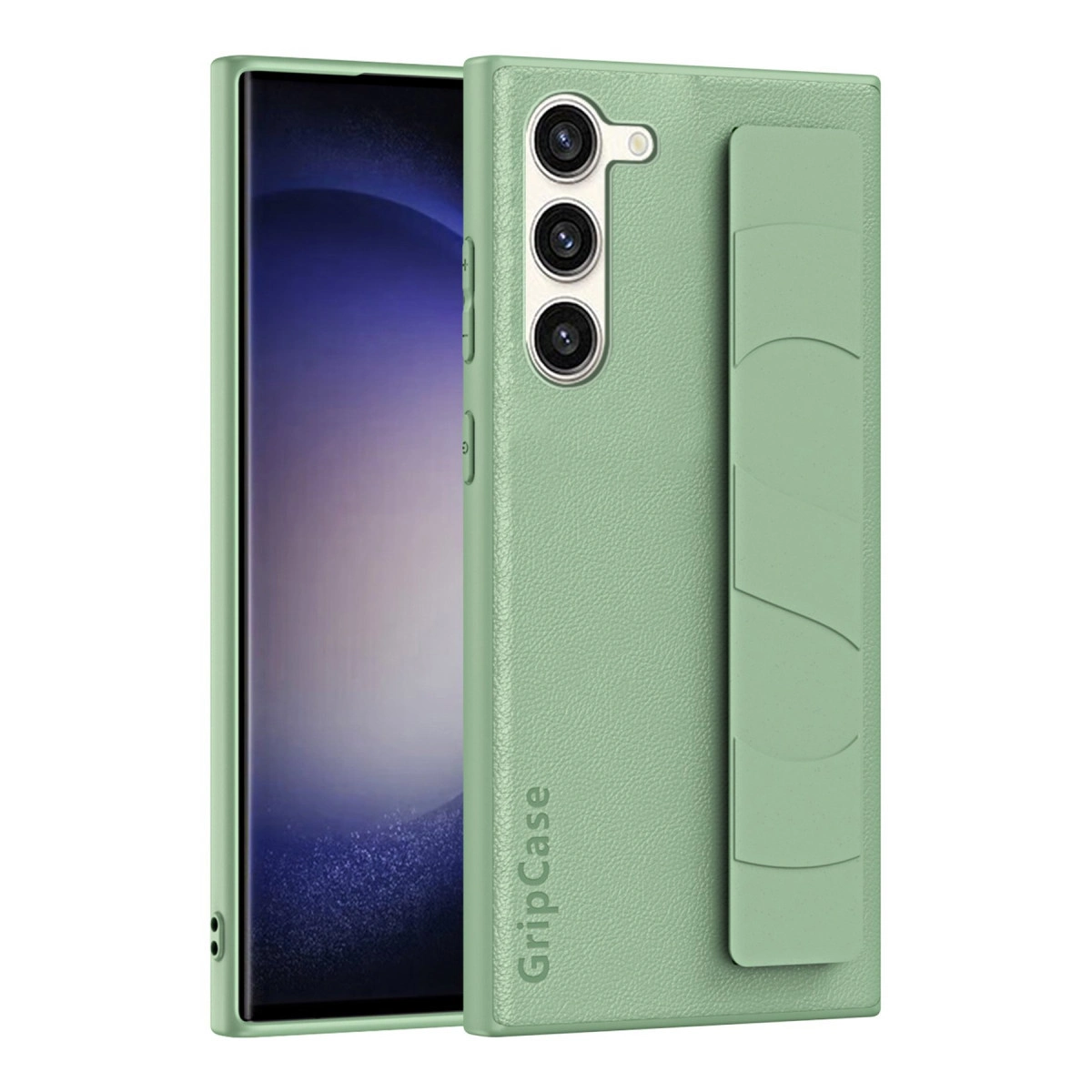 Kamera dizilimli yeşil telefon kılıfı ve tutma bandı.