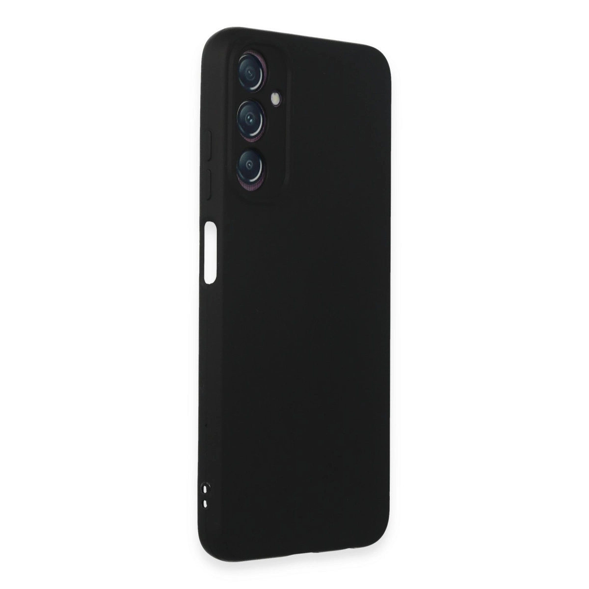 Üçlü kamera kesimli, yan düğmeli siyah telefon kılıfı.