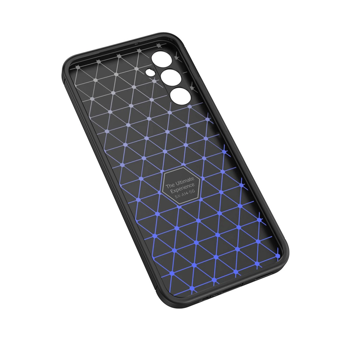 Geometrik desenli ve üç kamera delikli siyah telefon kılıfı.