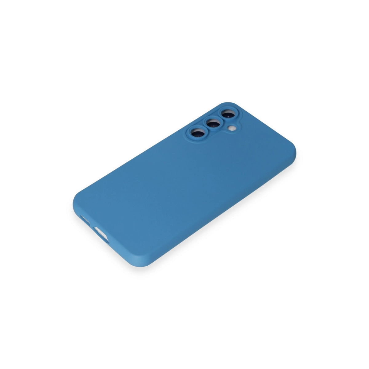 Arkada üç kamera lensi bulunan mavi telefon kılıfı.