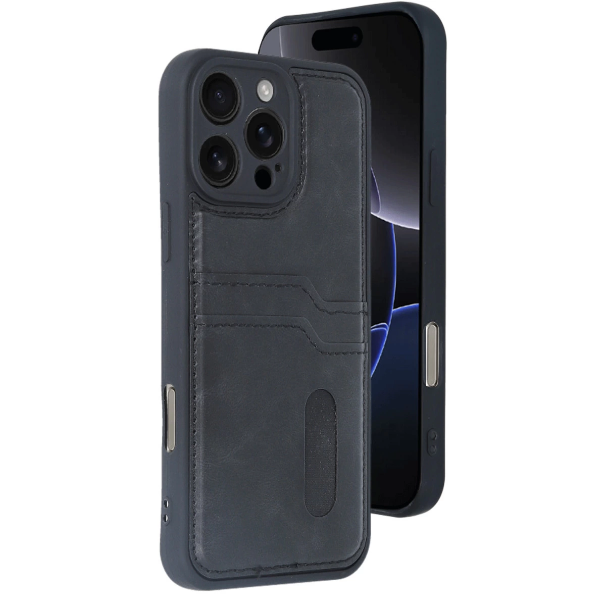 NEWFACE iPhone 16 Pro Max Uyumlu Sara Kartvizitli Deri Telefon Kılıfı Siyah