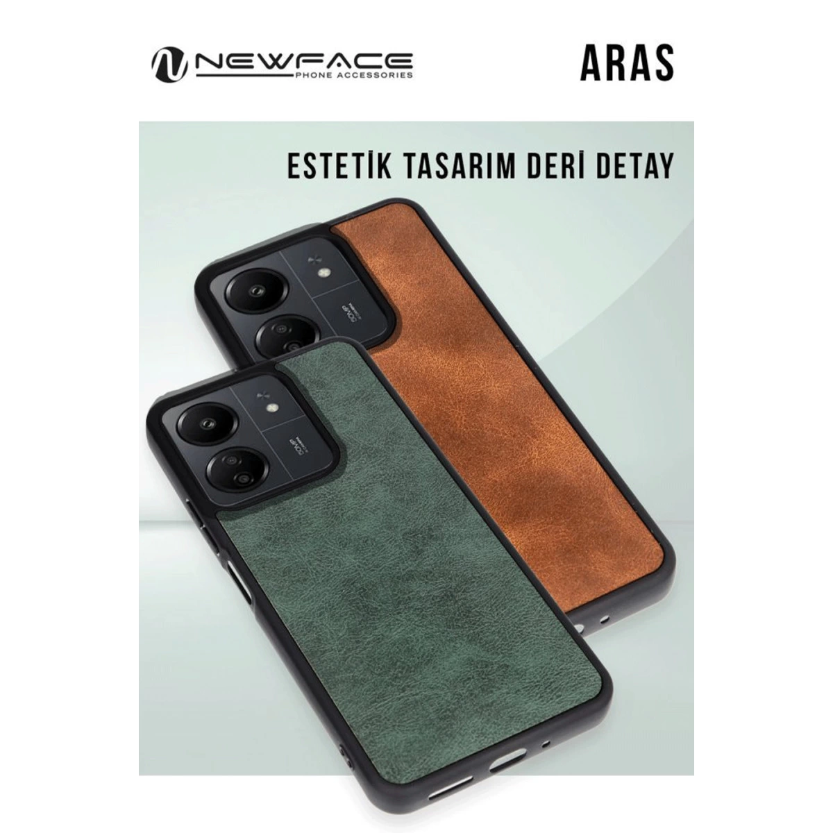 İki deri görünümlü telefon kılıfı, biri yeşil, biri kahverengi, yan yana.