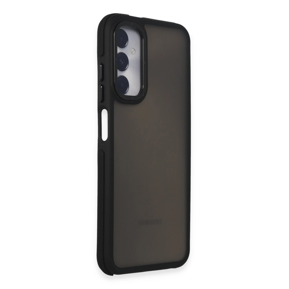 Üç kamera lensli ve siyah kenarlı koyu gri telefon kılıfı.