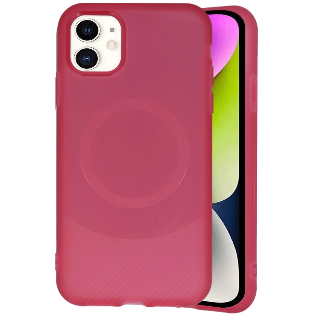 İki kameralı ve ekranlı pembe iPhone kılıfı.
